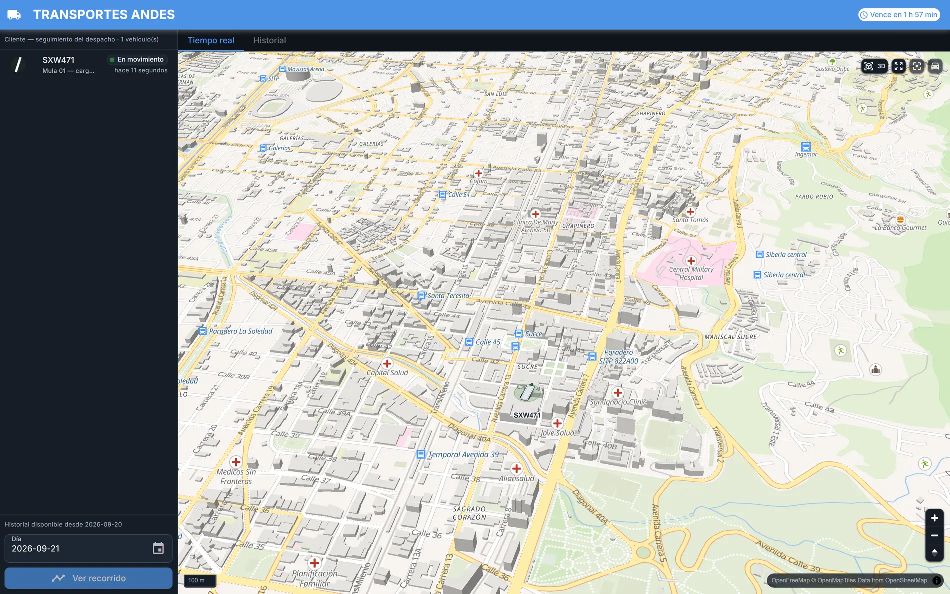 Seguimiento en vivo de RUTENZA en formato de teléfono, con el vehículo en el mapa y su ficha.