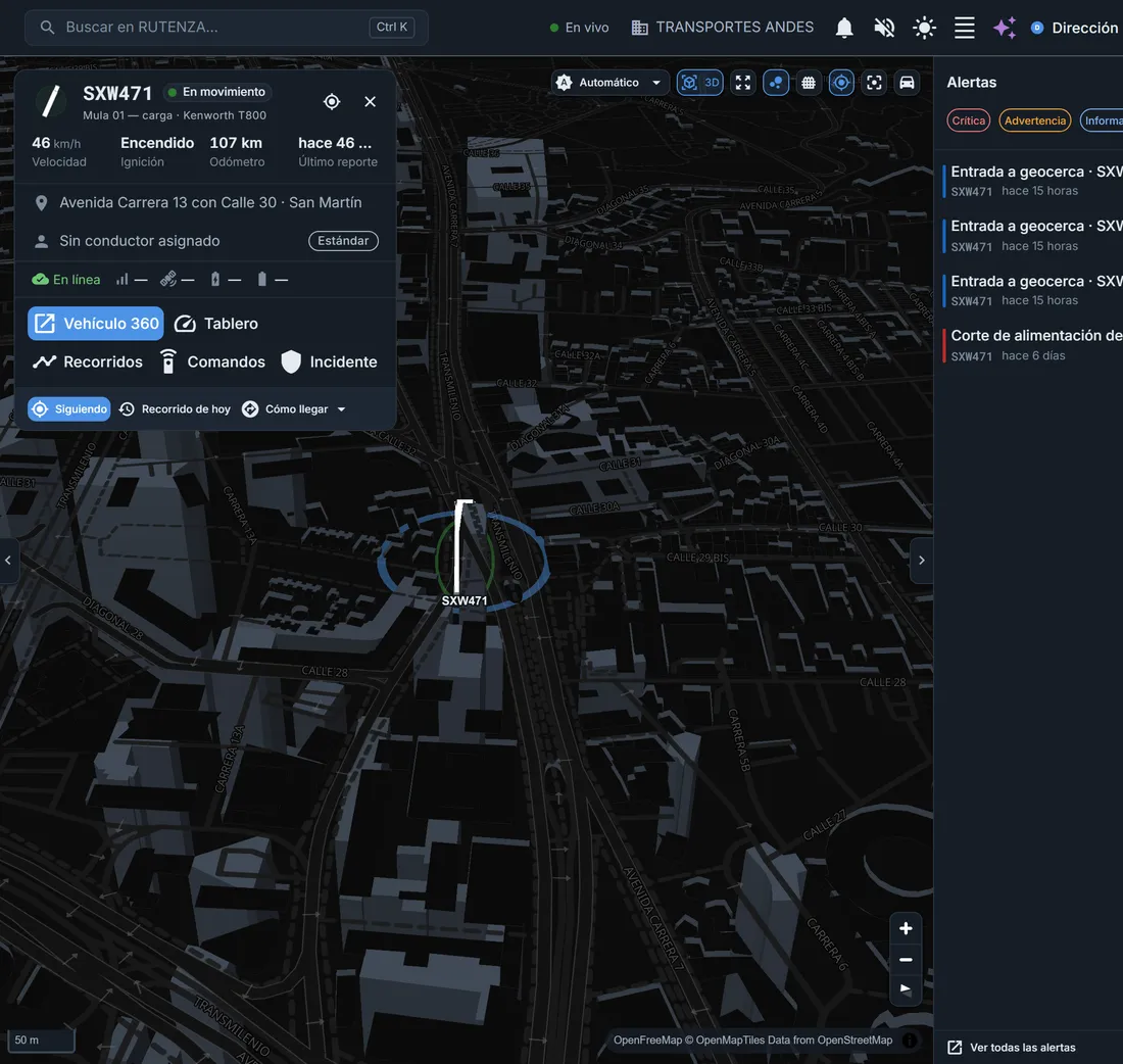 Seguimiento en vivo de RUTENZA en formato de teléfono, con el vehículo en el mapa y su ficha.