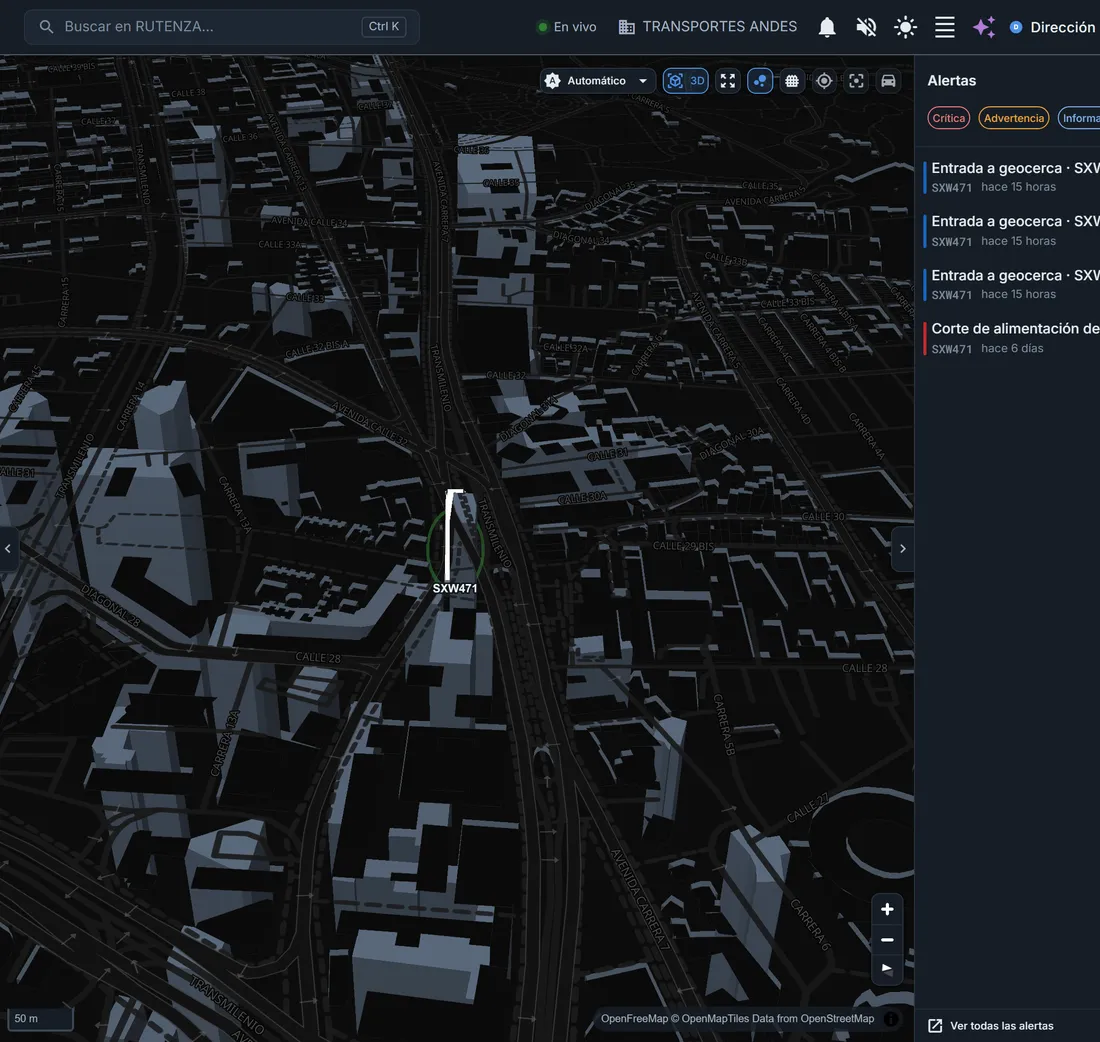 Torre de control de RUTENZA: mapa en tres dimensiones con la flota en vivo