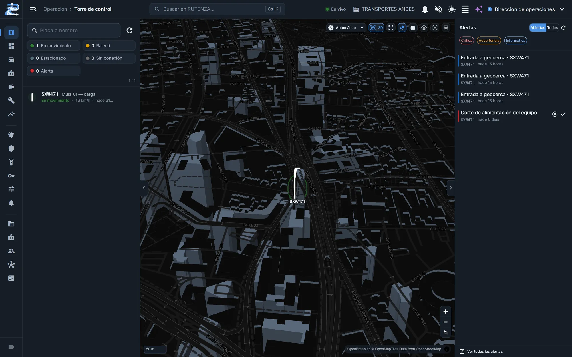 Torre de control de RUTENZA con una tractomula en el mapa en tres dimensiones, su ficha en vivo y el recorrido del día.