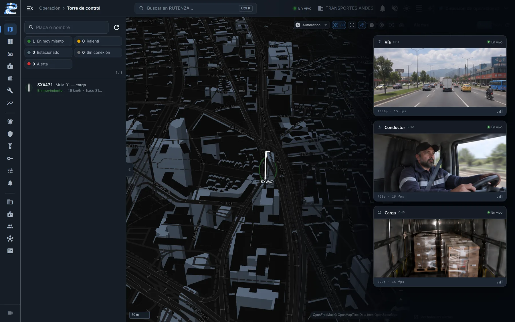 Torre de control con los canales de video del vehículo junto al mapa: vía, cabina y carga.